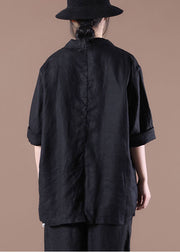 Solid Black Pockets Linen Coat Peter Pan Collar Button Long Sleeve