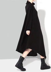 Solid Black Woman Winter Asymmetric Knitted Sweater Dress - SooLinen