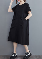 Solid Black pockets Vacation Dresses wrinkled Short Sleeve