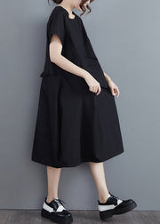 Solid Black pockets Vacation Dresses wrinkled Short Sleeve