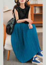 Solid Blue Cotton Beach Skirt Elastic Waist Wrinkled