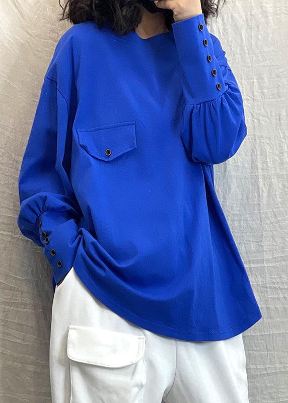 Einfarbiges, blaues, lockeres Baumwoll-Sweatshirt mit O-Ausschnitt und langen Ärmeln