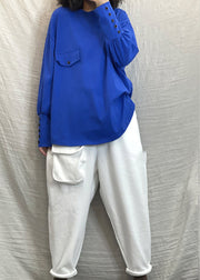 Einfarbiges, blaues, lockeres Baumwoll-Sweatshirt mit O-Ausschnitt und langen Ärmeln