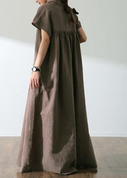 Solid Button Lapel Ruched Short Sleeve Maxi Shirt Dress Coffee