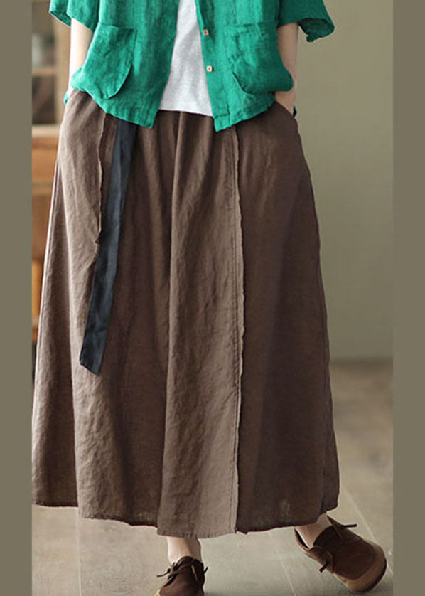 Solid Chocolate Linen A Line Skirt Side Open Pockets Summer