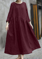 Solid Color Black Cotton Linen Long Sleeve Swing Long Dress
