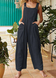 Solid Color Button Sleeveless Overalls Side Pocket Jumpsuit For Women - SooLinen