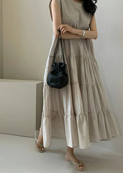 Solid Color Sleeveless V-neck Pleated Layered Lace Up Daily Casual Maxi Dress Apricot
