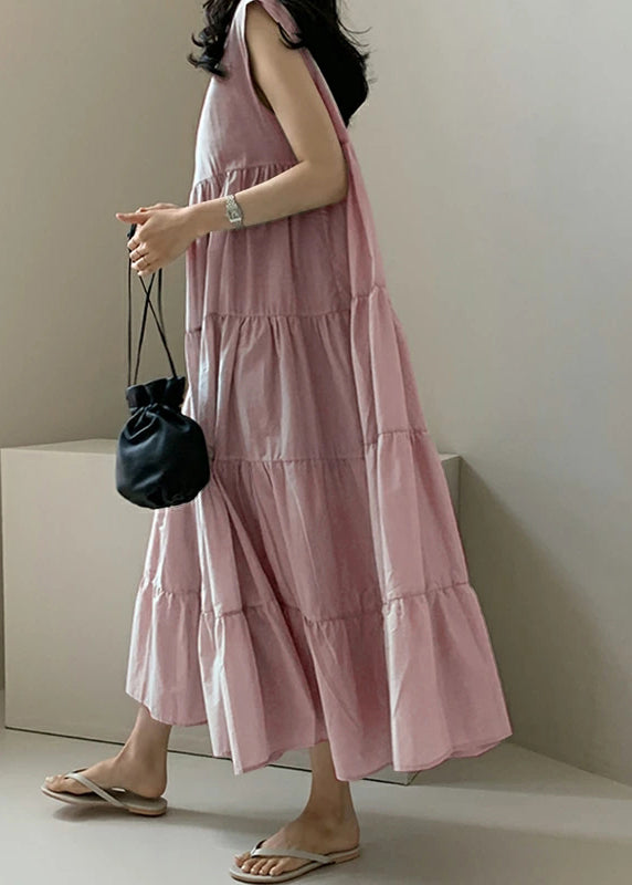 Solid Color Sleeveless V-neck Pleated Layered Lace Up Daily Casual Maxi Dress Apricot