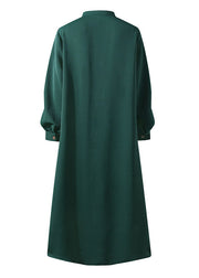 Solid Color Stand Collar Button Down Front Leisure Loose Maxi Dress with Side Pockets