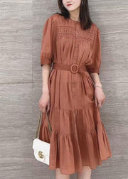 Solid Color Stand Collar Puff Sleeve Belted Pleated Shirt Maxi Dress Orange