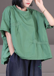 Solid Green Cotton Loose Sweatshirt Top Asymmetrical Design Elastic Wrinkled Short Sleeve