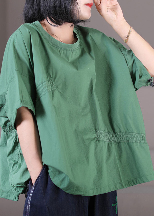 Solid Green Cotton Loose Sweatshirt Top Asymmetrical Design Elastic Wrinkled Short Sleeve