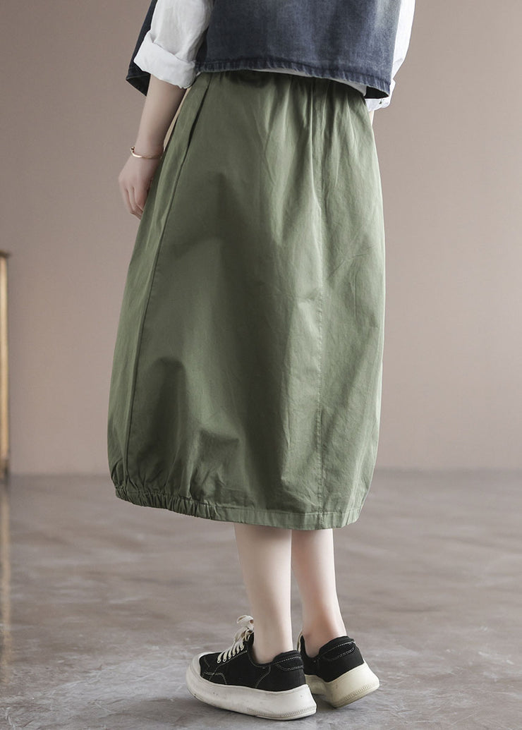 Solid Green Patchwork Cotton Skirt High Waist Pockets Summer