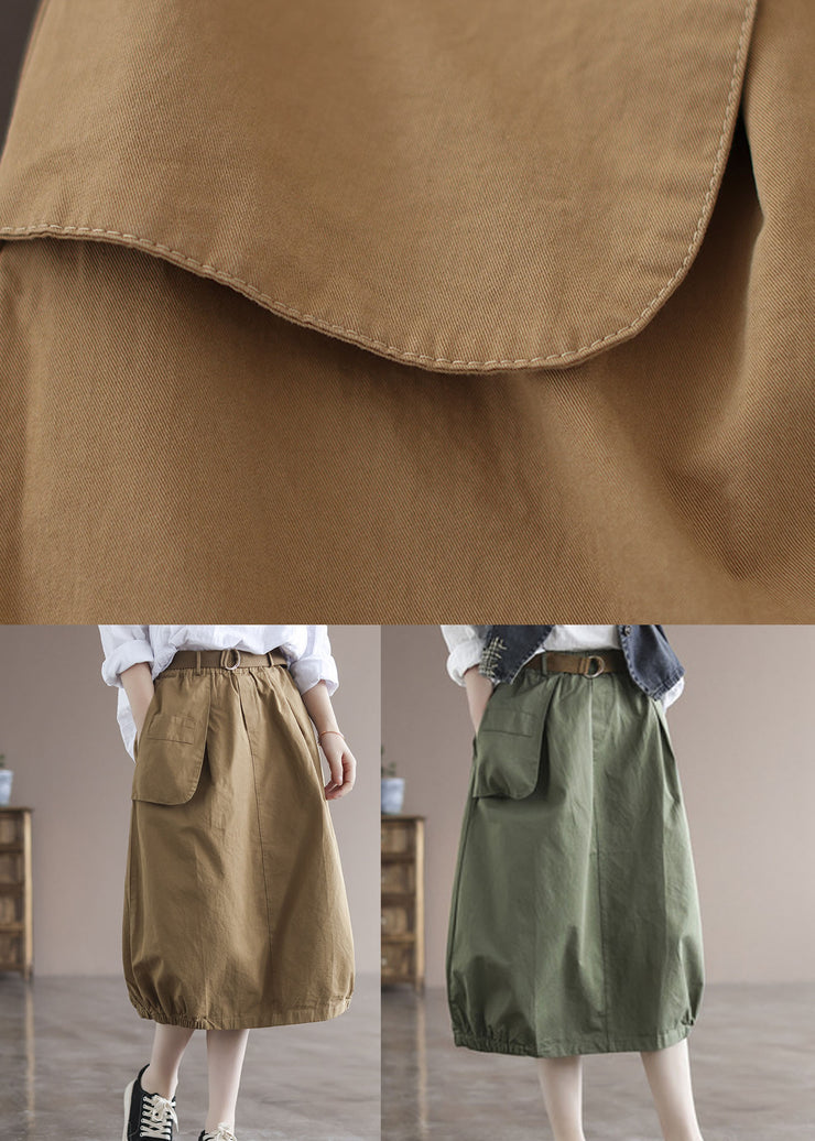 Solid Green Patchwork Cotton Skirt High Waist Pockets Summer