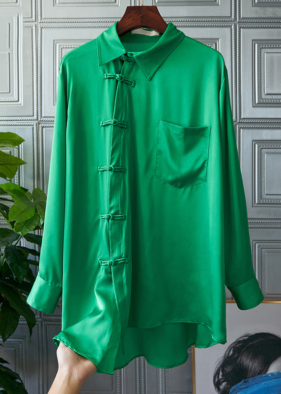 Solid Green Bubikragen Taschen Knopf Seidenhemd Langarm