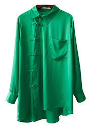 Solid Green Bubikragen Taschen Knopf Seidenhemd Langarm