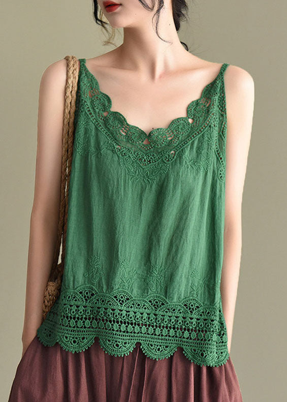 Solid Green Sexy Cotton Spaghetti Strap Tops Hollow Out Summer