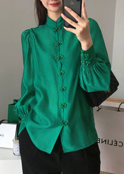 Solid Green Stand Collar Chinese Button Silk Blouse Top Long Sleeve