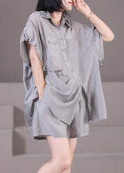 Solid Grey Silk Shirts And Shorts Two Pieces Set Peter Pan Collar Button Wrinkled Summer