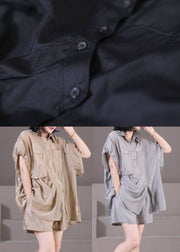 Solid Grey Silk Shirts And Shorts Two Pieces Set Peter Pan Collar Button Wrinkled Summer