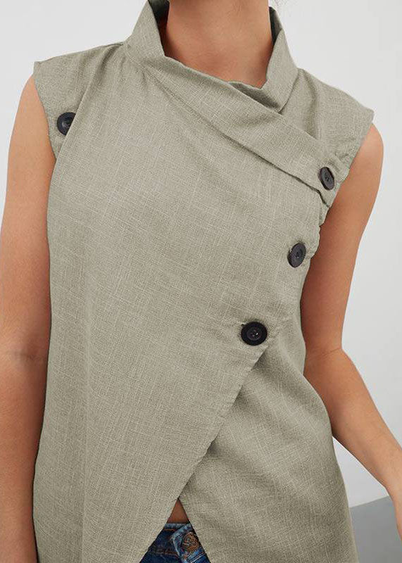 Solid Khaki Cotton Top Asymmetrical Stand Collar Button Sleeveless