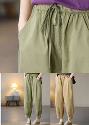 Solid Khaki Pockets Cotton Crop Pants High Waist Spring