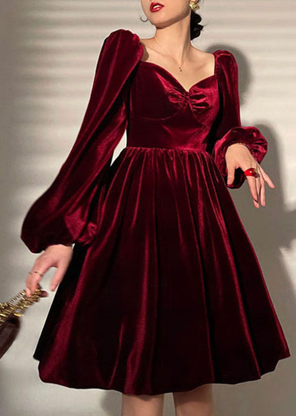 Solid Mulberry Velour Vestidos Party Dress V Neck Lantern Sleeve