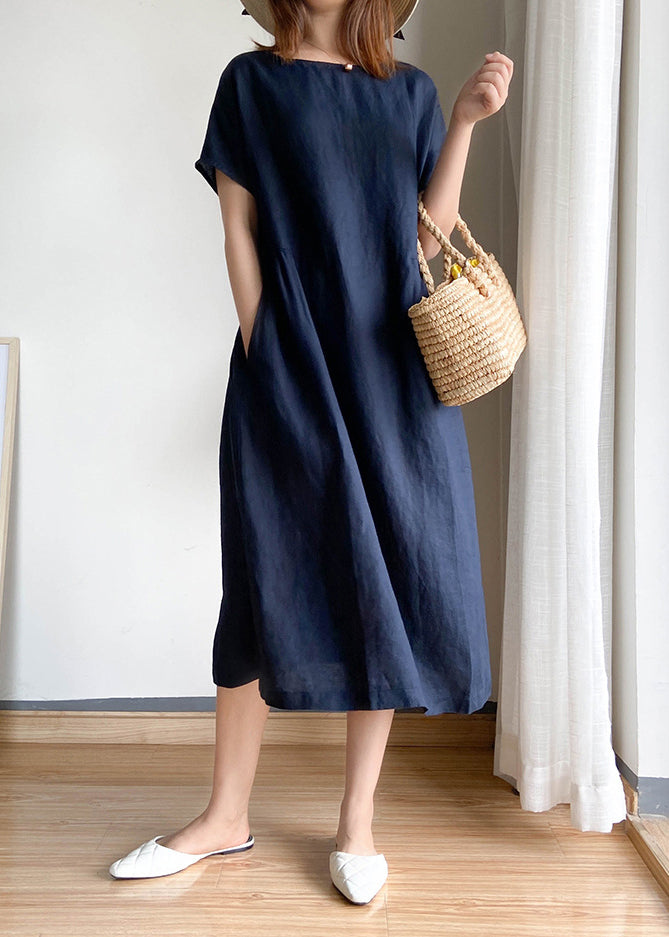 Solid Navy O-Neck Cinched Linen Shirt Top Short Sleeve