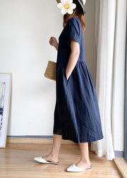 Solid Navy O-Neck Cinched Linen Shirt Top Short Sleeve