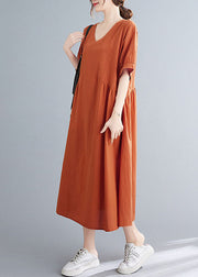 Solid Orange Patchwork Cotton Holiday Dress Wrinkled Short Sleeve