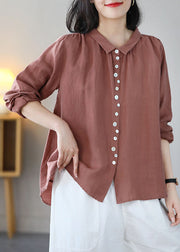 Solid Pink Linen Blouse Top Turn-down Collar Button Long Sleeve