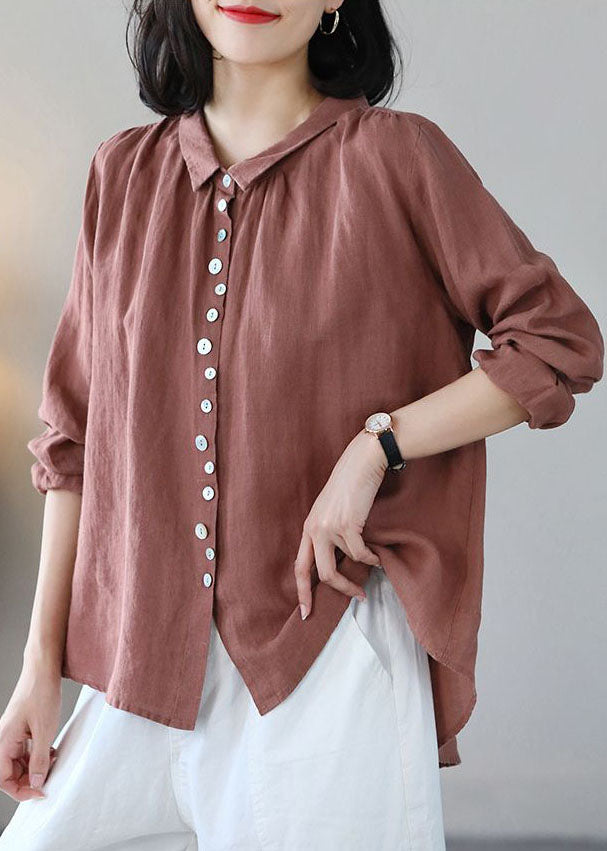Solid Pink Linen Blouse Top Turn-down Collar Button Long Sleeve