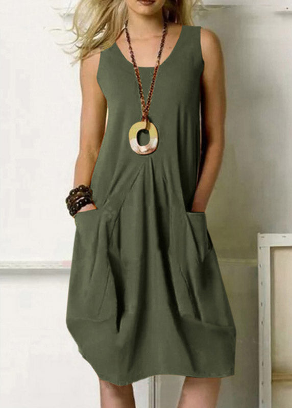 Solid Pocket Army Green Crew Neck Tank Top Dress