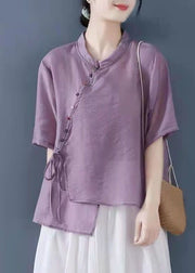 Solid Purple Patchwork Shirt Top Chinese Style Button Half Sleeve