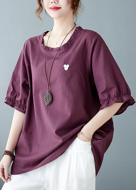 Solid Purple red O-Neck Embroidered Ruffled Top Short Sleeve