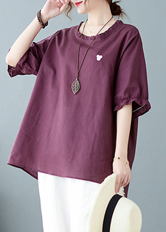 Solid Purple red O-Neck Embroidered Ruffled Top Short Sleeve