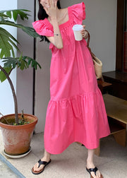 Solid Ruffle Backless Square Collar Casual Maxi Dress Pink