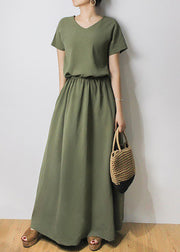 Solid Sash Elastic Waist Short Sleeve Casual Maxi Dress Green