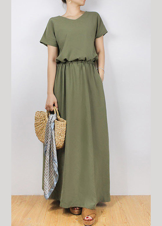 Solid Sash Elastic Waist Short Sleeve Casual Maxi Dress Green