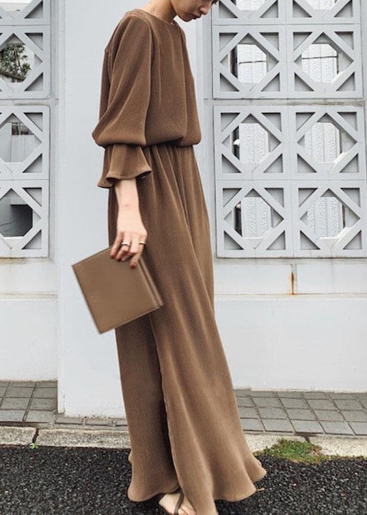Solid Split Long Sleeve Round Neck Casual Maxi Dress Chocolate