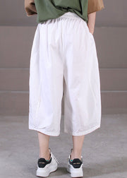 Solid White Cotton Wide Leg Pants Elastic Waist Wrinkled Summer