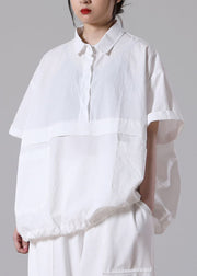 Solid White Loose Cotton Blouse Tops Peter Pan Collar Button Short Sleeve