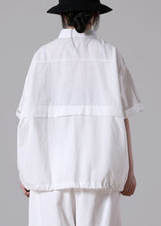 Solid White Loose Cotton Blouse Tops Peter Pan Collar Button Short Sleeve