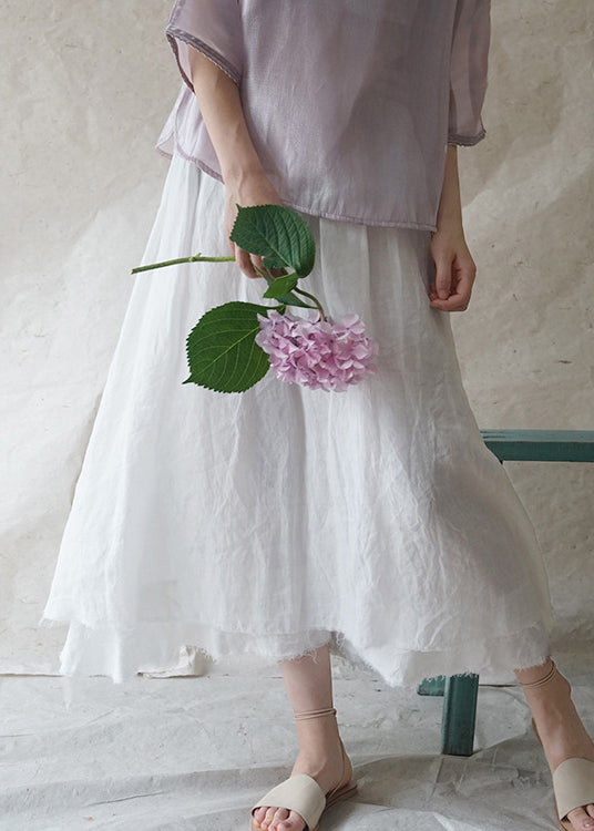 Solid White elastic waist drawstring double-deck Linen Skirts Spring