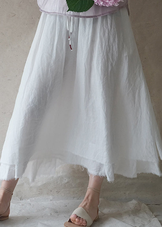 Solid White elastic waist drawstring double-deck Linen Skirts Spring