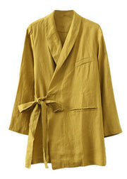 Solid Yellow Linen Coats Notched Collar Tie Waist Long Sleeve
