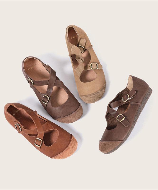 Splicing Brown Flat Feet Shoes Buckle Strap Flats - SooLinen