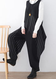 Spring  Summer Cotton Hemp Women Oversized Asymmetric Striped Jumpsuit - SooLinen