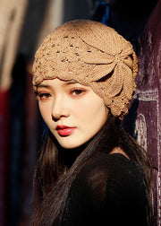 Spring And Autumn Retro Handmade Beige Hook Flower Hollow Knitted Hat